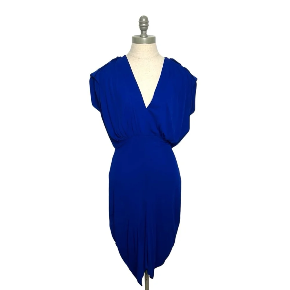 Alexander McQueen Royal Blue Plunge V-Neck Midi Shirred Cocktail Dress Medium
